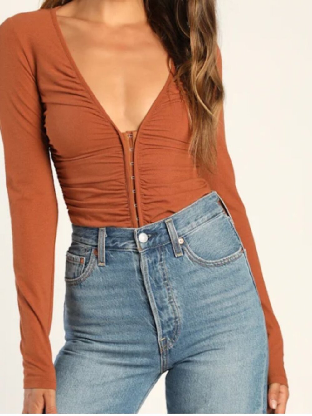 Lulus Perfectly Pleased Rust Brown Ruched Long Sleeve Bodysuit - Size M